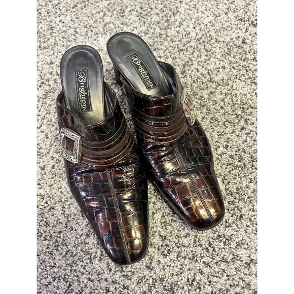 Brighton Tudor Heels Size 7.5 Brown Croc Embossed Slip-On Mules Made in Italy - Picture 3 of 10